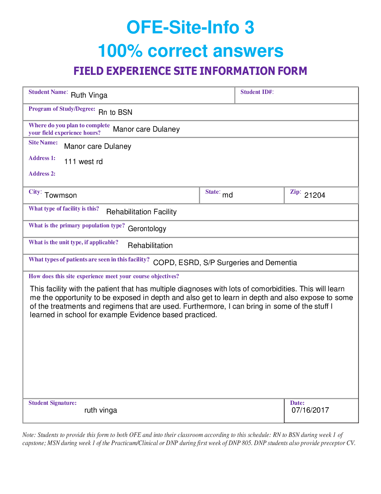 Preview image for OFE-Site-Info 3 100% correct answers  FIELD EXPERIENCE SITE INFORMATION FORM